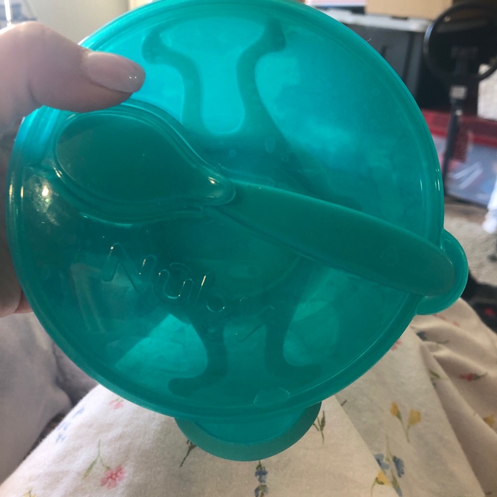 Nuby BPA Free Easy Go suction bowl and spoon. Teal. Gently used and sanitized